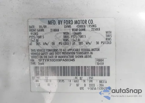 2009 Ford Ranger Sport/Xl/Xlt from USA, damaged, VIN 1FTYR10DX9PA50345